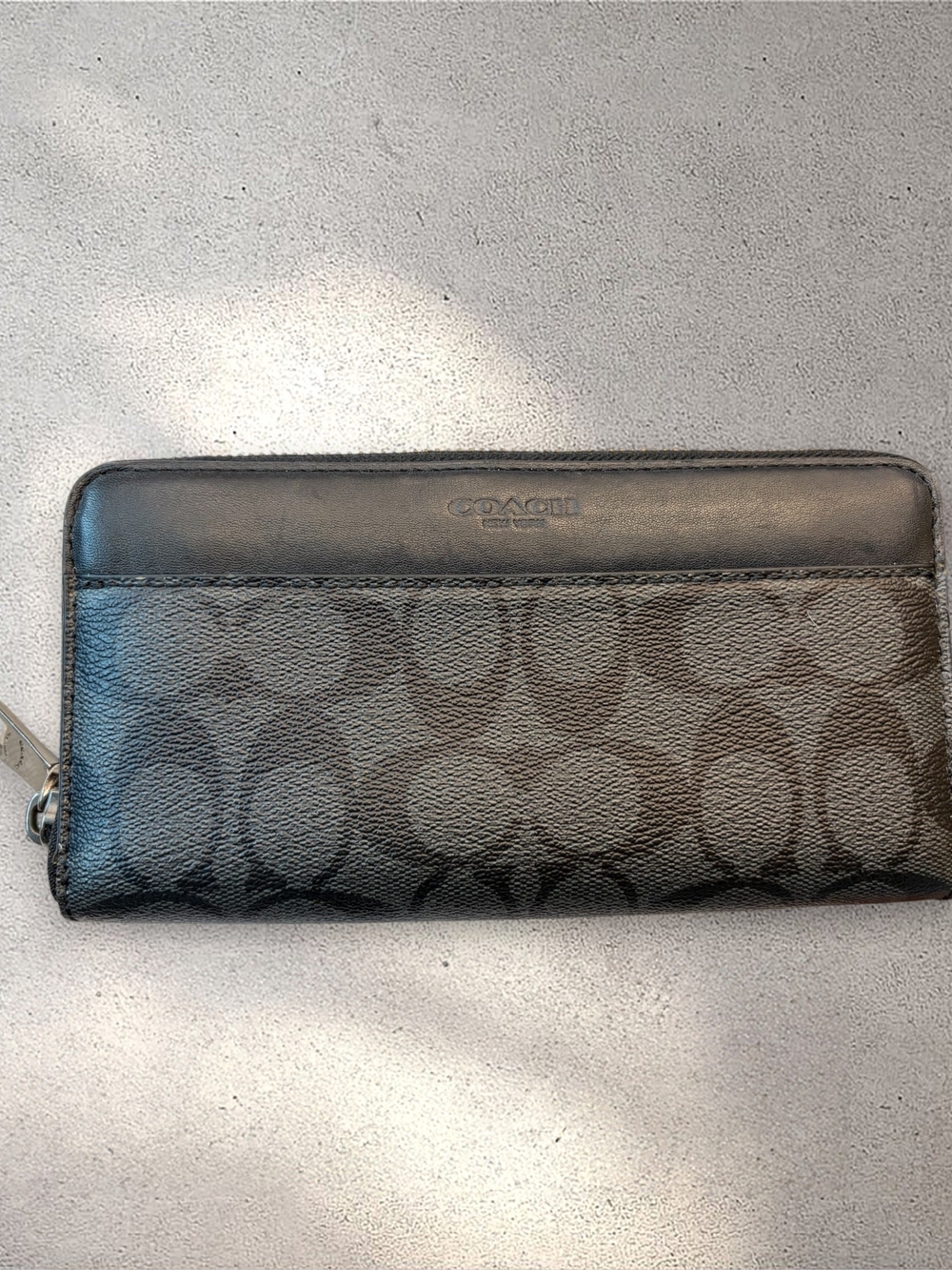 Coach Men's Charcoal/Black Signature Canvas Accordion Zip Wallet Leather Trim